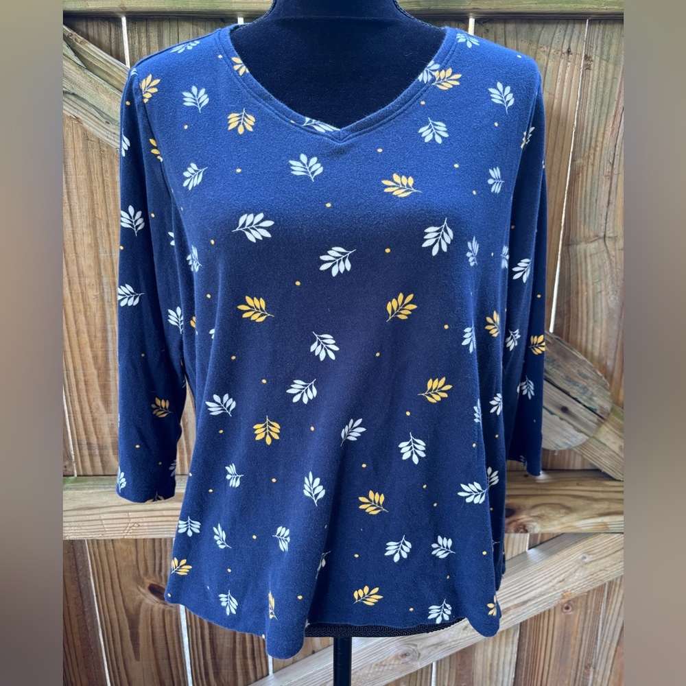 Kim Rogers Navy Botanical Print Cotton 3/4 Sleeve Pullover V-Neck Top Size L